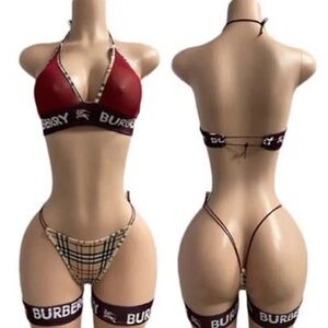 NWOT Sexy Skimpy Handmade Burberry Tribute 4pc Stripper Thong Bikini Outfit Set